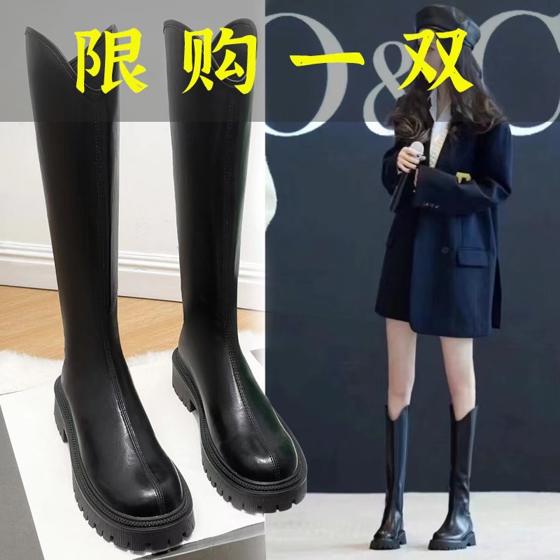 红蜻蜓牌大幂幂同款V口厚底长筒靴女秋冬女鞋弹力骑士靴高跟长