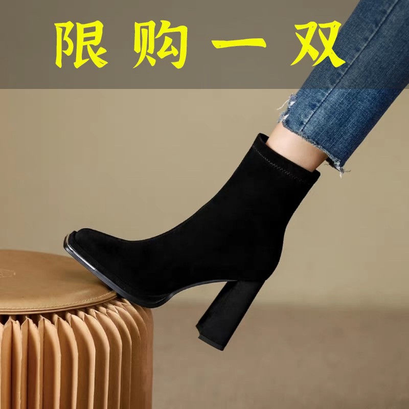 红蜻蜓牌高跟短靴女2023年新款软皮粗跟方头春秋单靴法式拉链中