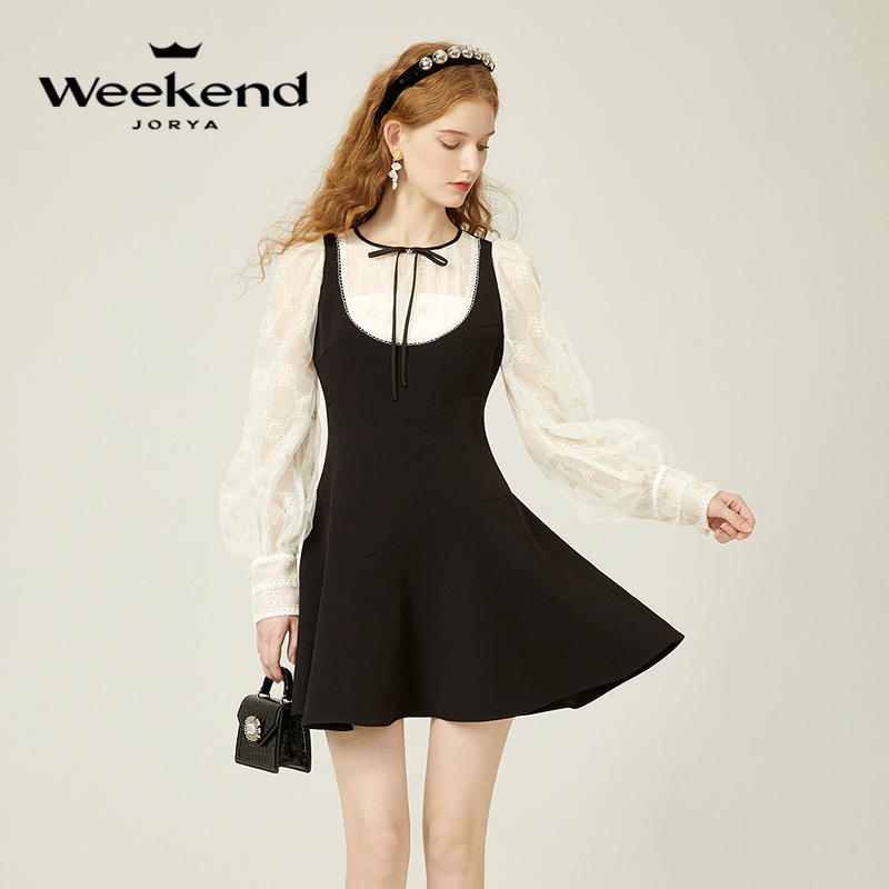 【诗语专属】卓雅周末气质优雅蕾丝拼接泡泡袖连衣裙EJWDCU06