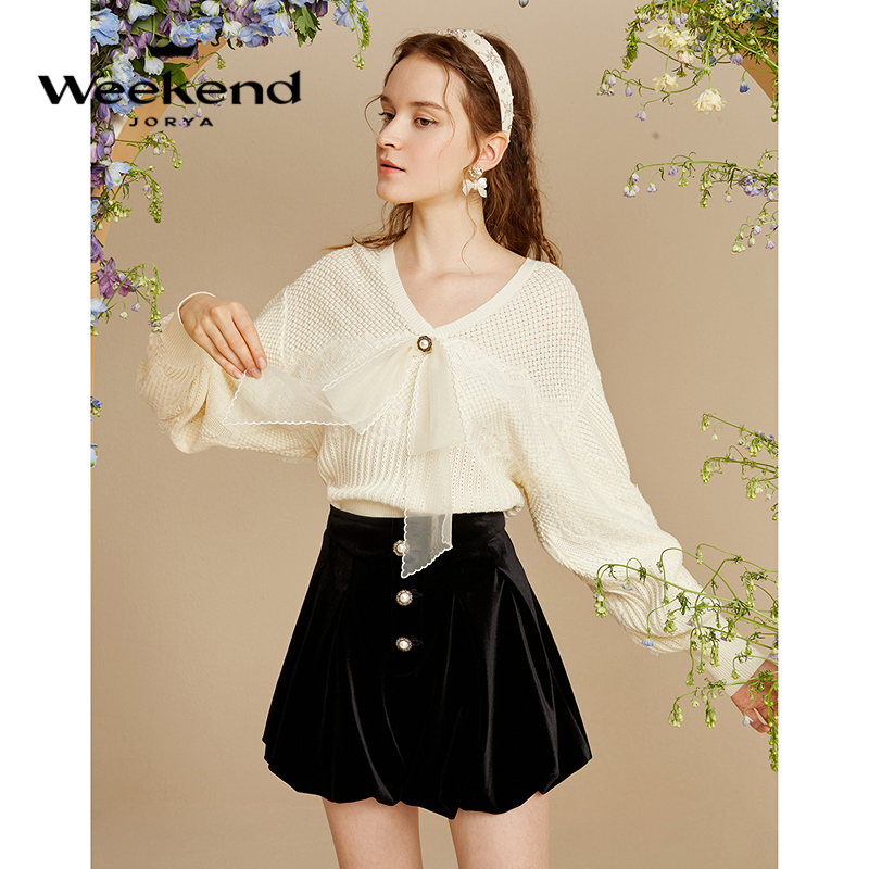 【诗语专属】卓雅周末气质V领钻饰网纱蝴蝶结宽松针织衫WJWCCA02