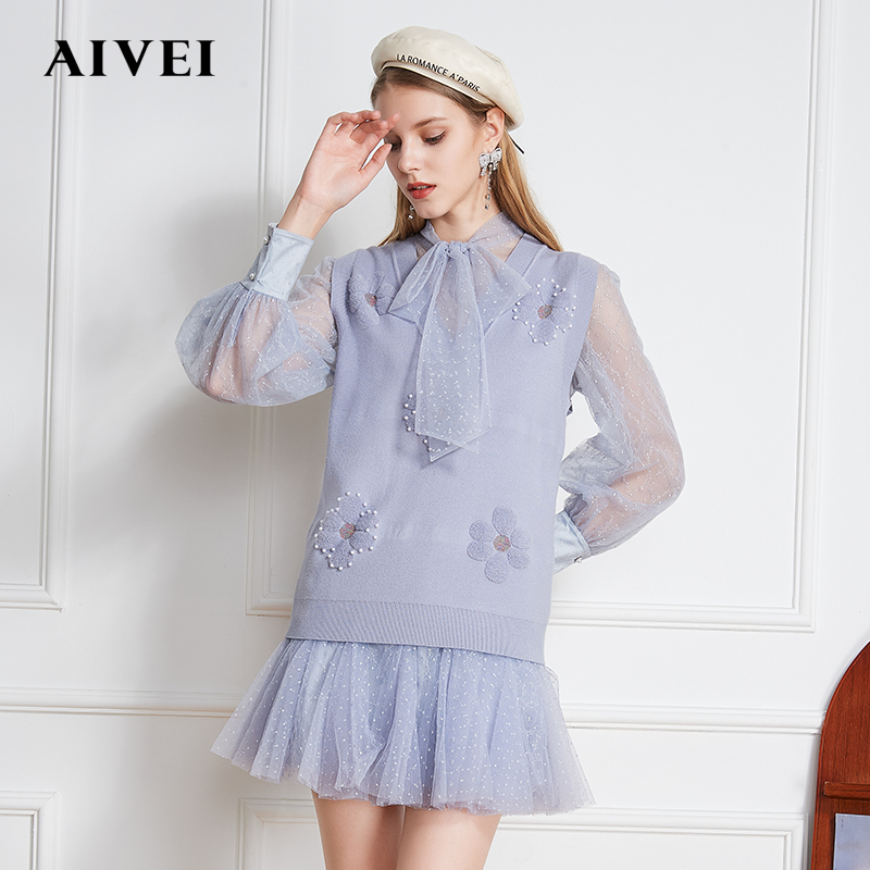 【赵老板专属】AIVEI甜美花朵背心重工毛衣连衣裙两件套P0160041