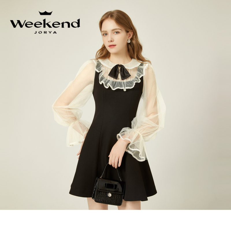 卓雅周末春甜美蕾丝荷叶边娃娃领连衣裙EJWDDR07