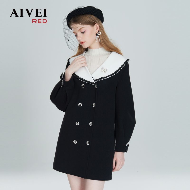 AIVEI欣贺艾薇千金黑白撞色双面毛呢外套P0660152