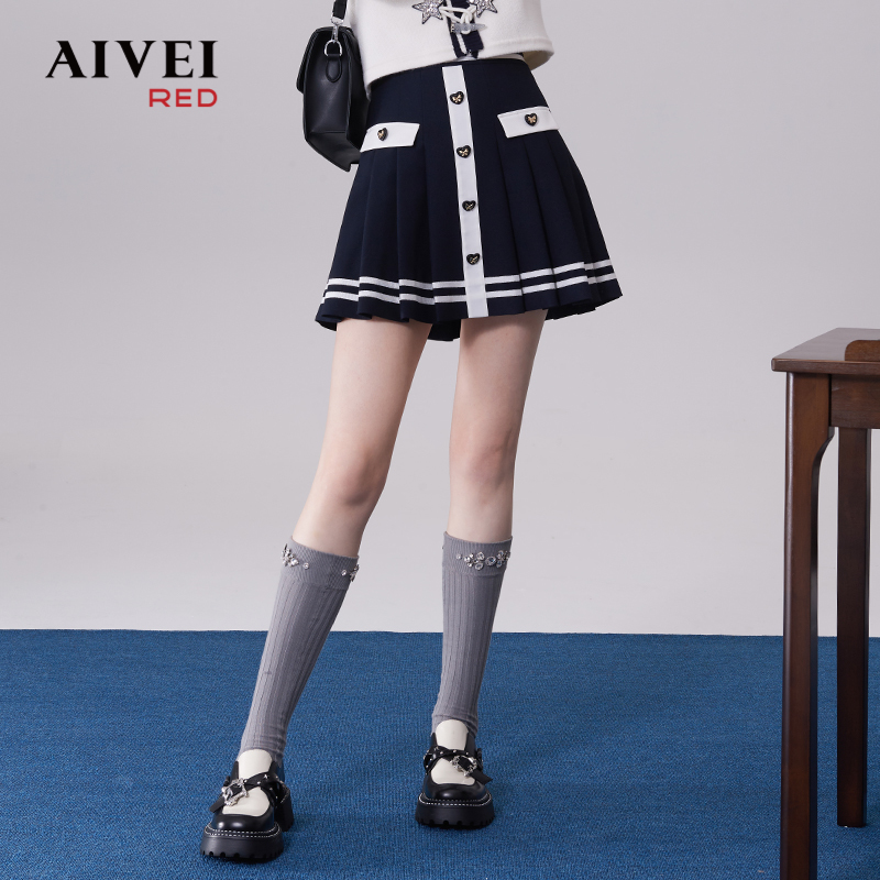 AIVEI秋学院风条纹高腰A字百褶短裙Q0560044