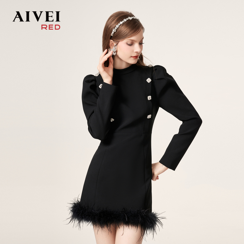 【陈大可专属】AIVEI法式轻熟气场礼服羽毛名媛连衣裙Q0660142