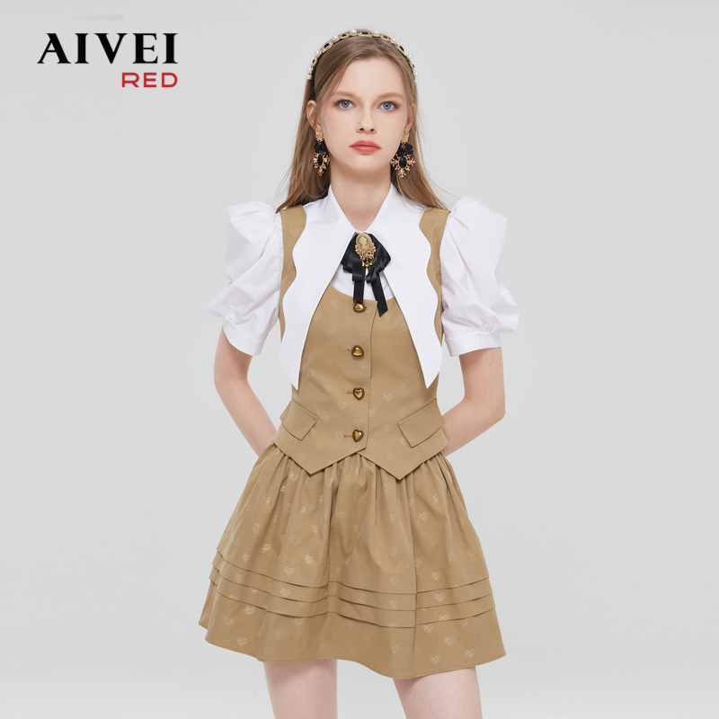 AIVEI法式学院印花衬衣衬衫马甲两件套Q016S020