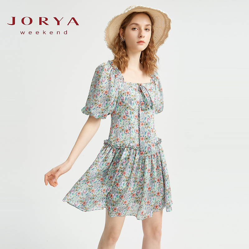 卓雅周末夏甜美气质泡泡袖荷叶边碎花连衣裙EJWCBR91