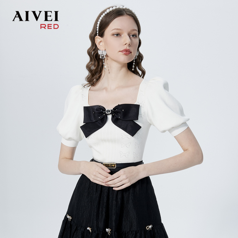 【诗语专属】AIVEI欣贺艾薇少女感蝴蝶结方领针织衫P0160066