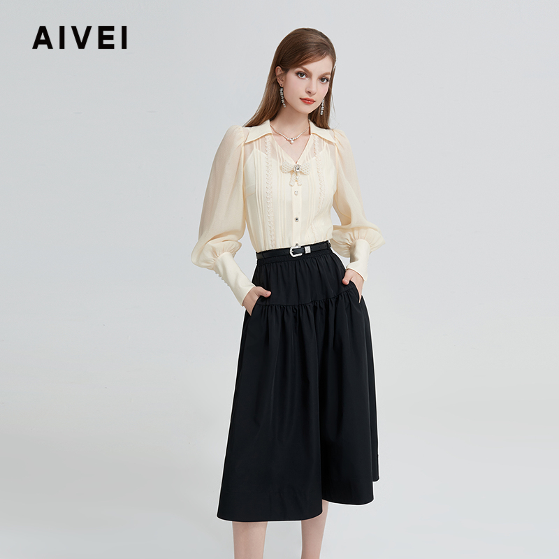 AIVEI24通勤OL法式优雅POLO领雪纺衬衫R0160006
