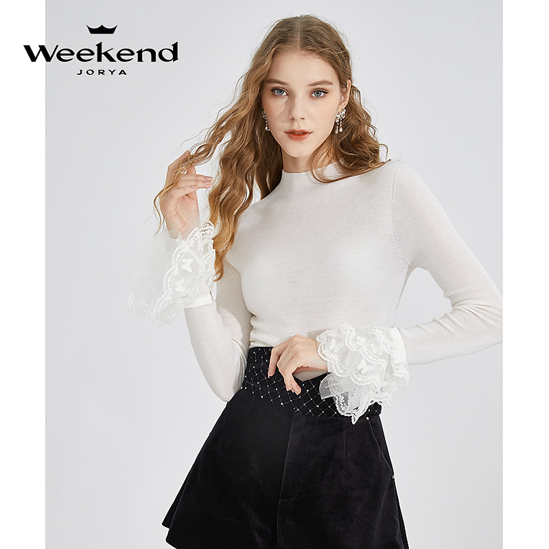 卓雅周末冬甜美拼接修身网纱袖口针织衫EJWCDZ42