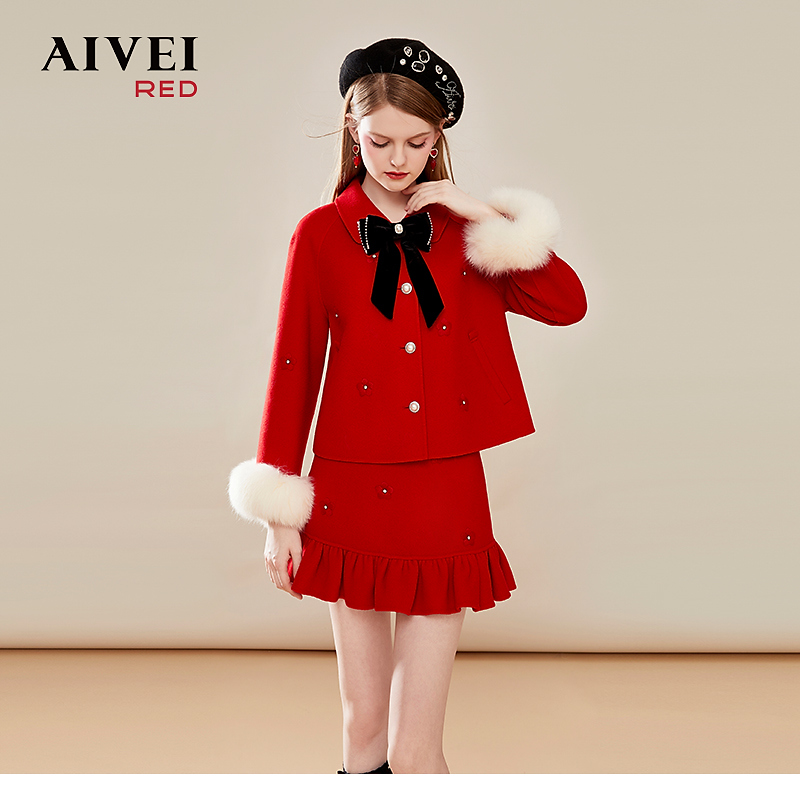 【陈大可专属】AIVEI冬新圣诞新红色毛呢针织外套短裙Q066S038