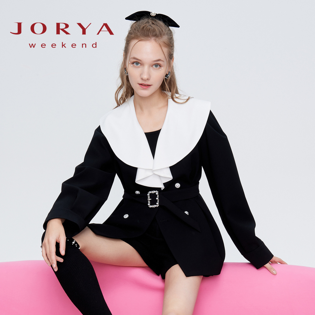 卓雅周末荷叶边双排扣腰带收腰西装外套EJWCCY21