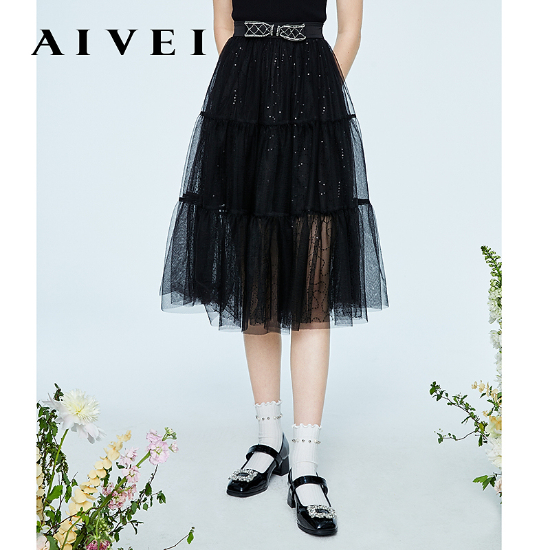 【诗语专属】AIVEI高腰抽褶网纱少女感蛋糕裙半身裙P05W0013