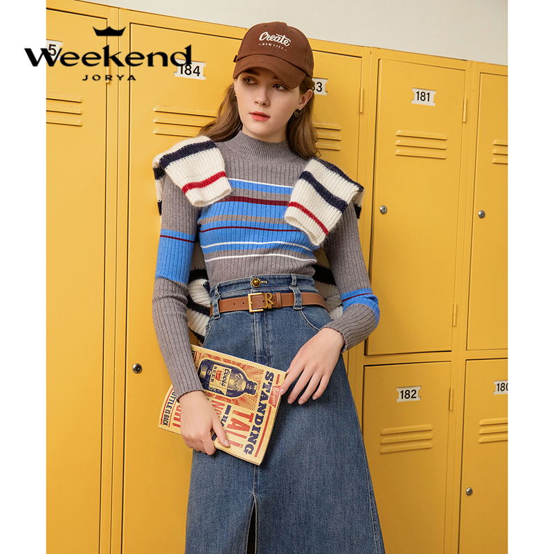卓雅周末半高领撞色条纹字母打底针织衫EJWDCR45