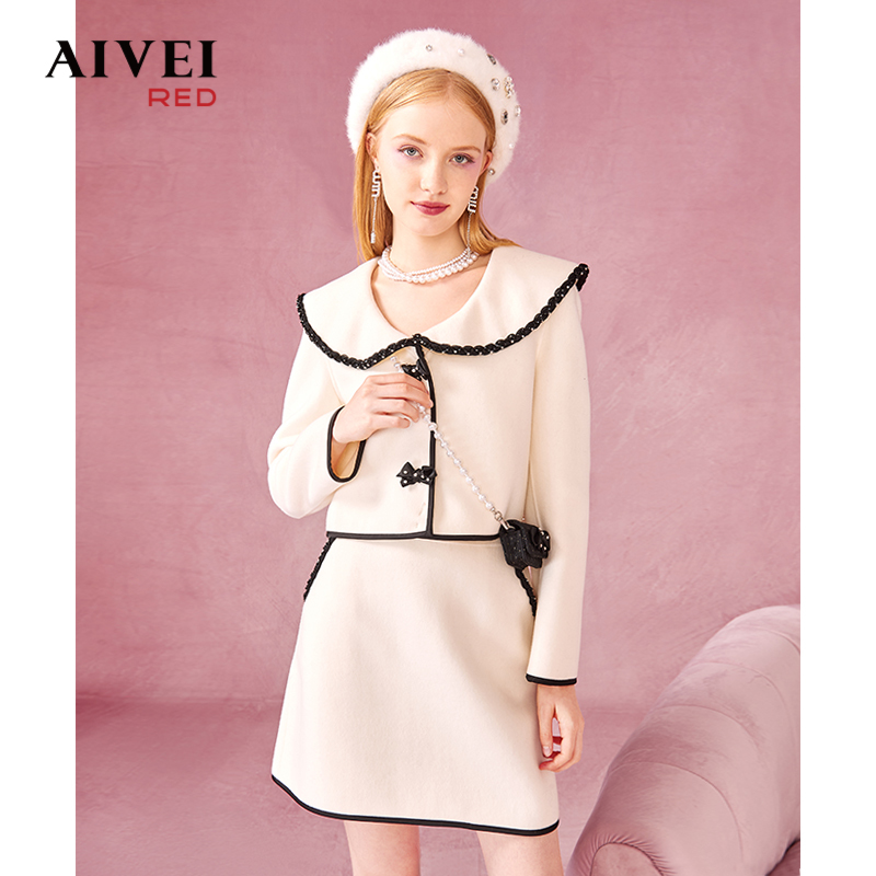 AIVEI冬小香风撞色双面呢外套短裙套装P0660036