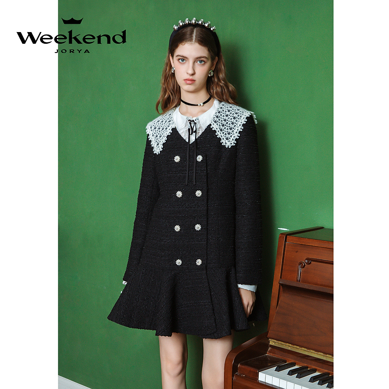 【赵老板专属】卓雅周末新气质V领双排扣花纱连衣裙EJWDDZ75