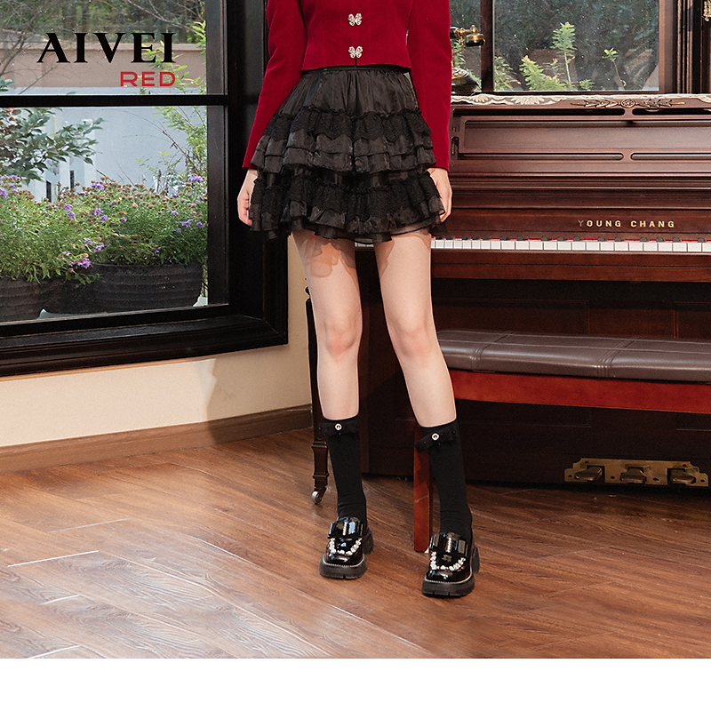 AIVEI复古圣诞甜心蕾丝蓬蓬蛋糕雪纺裙R016S011