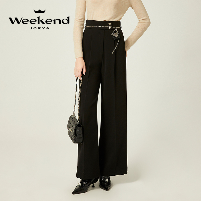 卓雅周末冬通勤金属链条高腰压褶直筒裤EJWDDF17