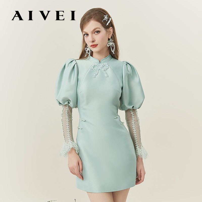 AIVEI24新中式民国改良旗袍泡泡连衣裙R0160154