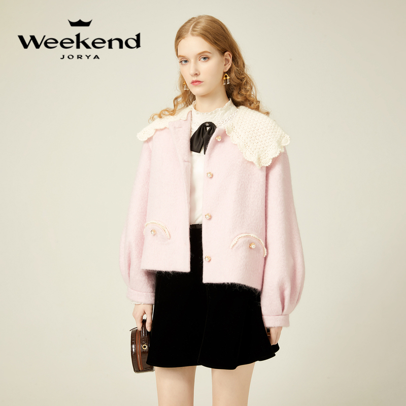 卓雅周末冬季针织手钩翻领珠饰扣毛呢外套EJWDDQ04