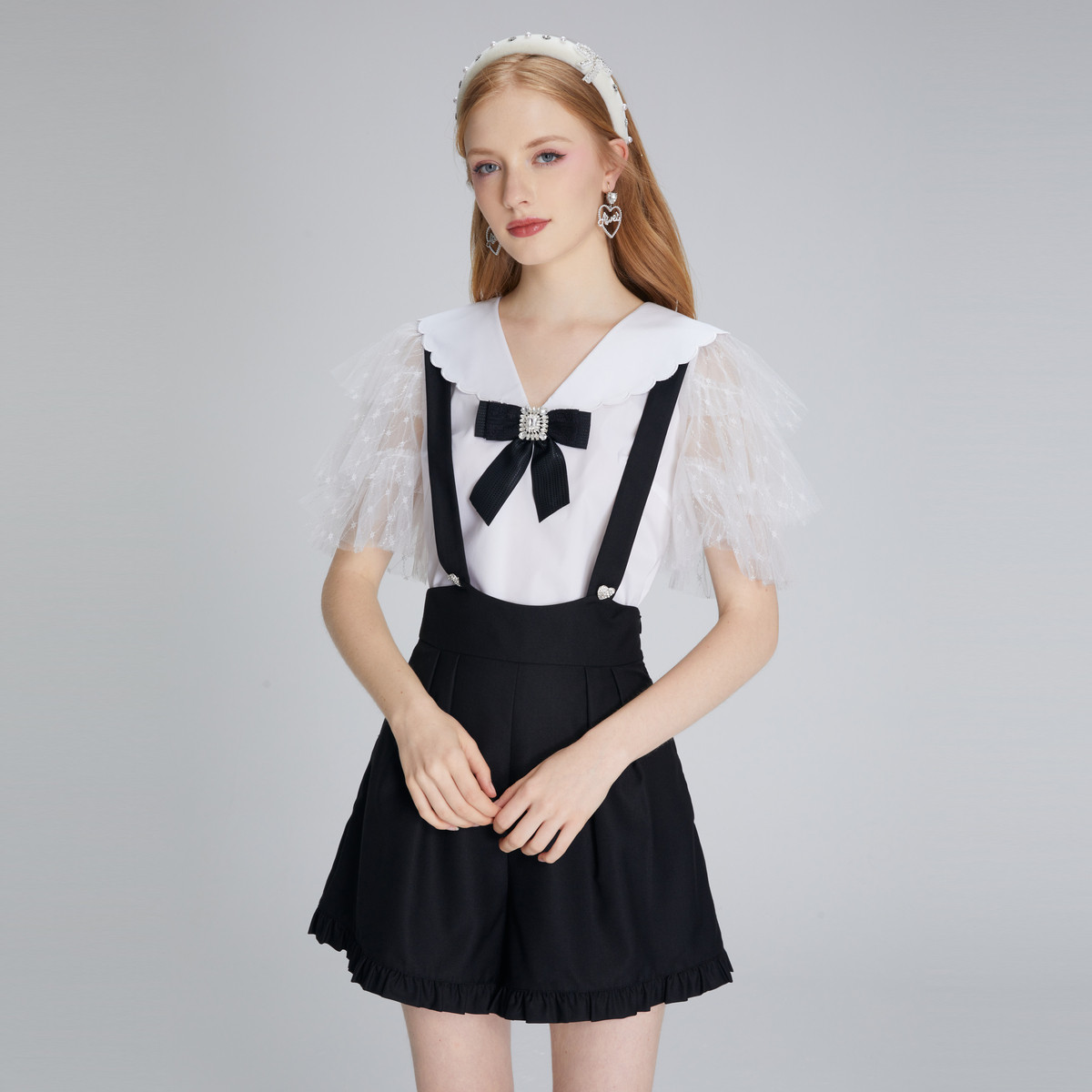 【赵老板专属】AIVEI夏季学院风高腰背带木耳边阔腿短裤P0360096