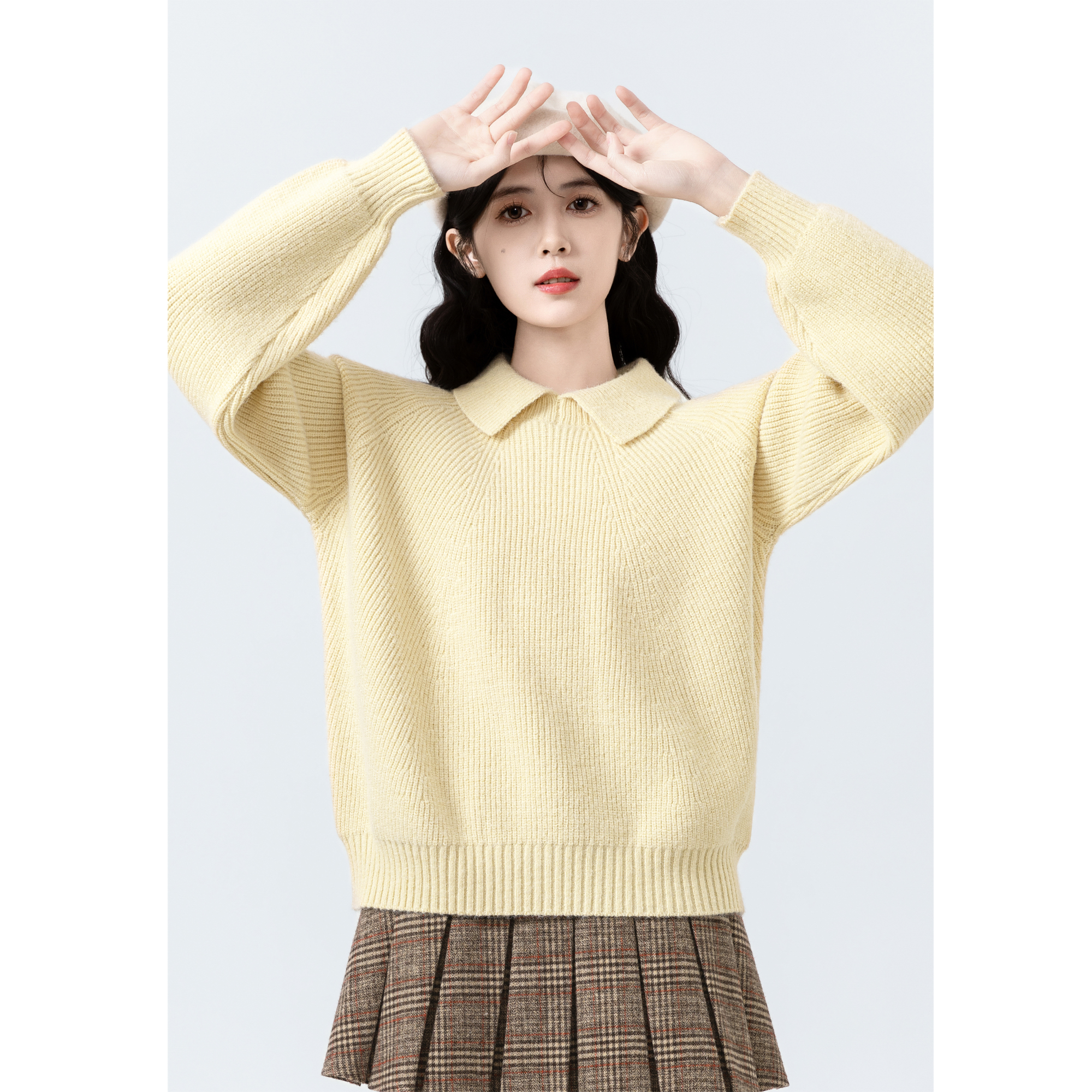 黄色POLO领套头毛衣女秋冬2025新款设计感宽松软糯加厚针织衫上衣