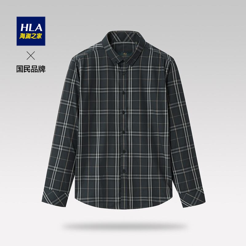 HLA/海澜之家长袖休闲衬衫时尚格子透气亲肤经典修身长袖休闲衬衫