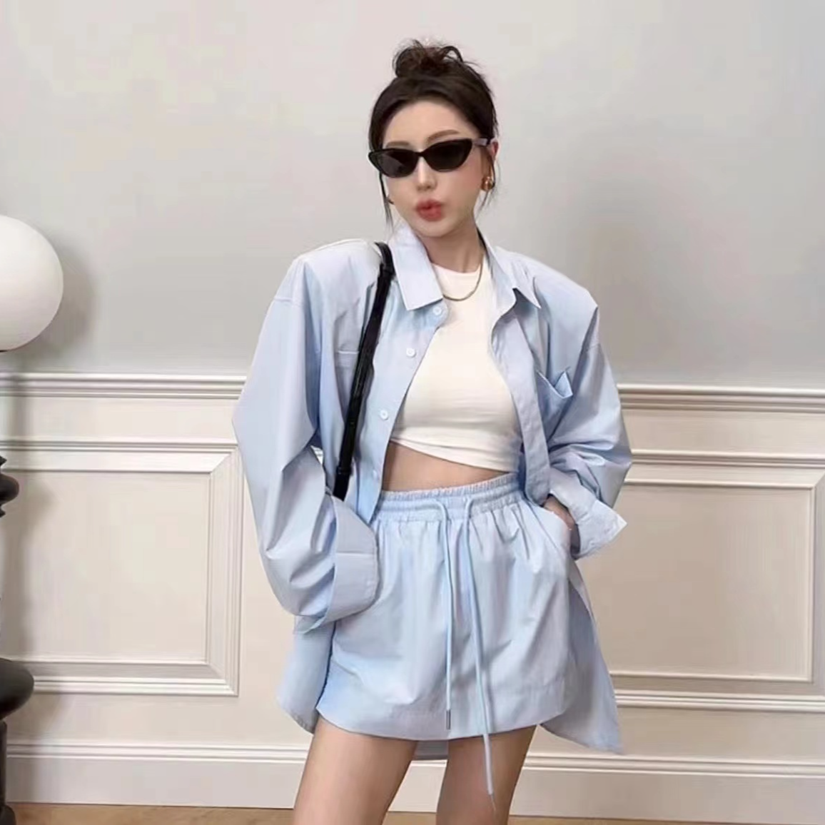 2025大码胖mm女装衬衫套装短裙长袖时尚休闲百搭宽松气质高腰夏季