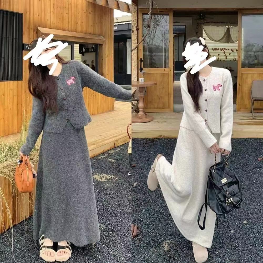 大码女装磨毛显瘦弹力开衫上衣半裙两件套装