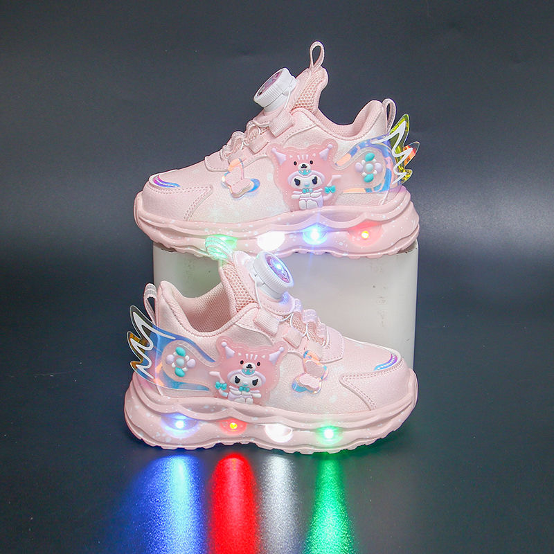 库洛米女童带灯运动鞋秋冬季皮面儿童鞋加绒保暖中小童公主跑步鞋