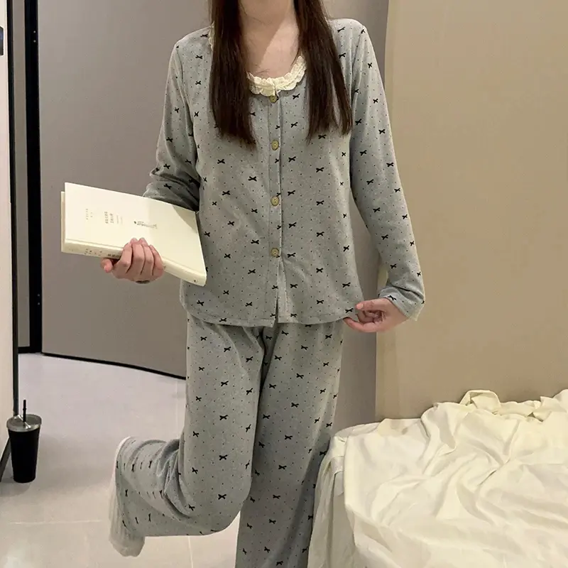 【喜韵】蕾丝边德绒睡衣女秋冬季新款ins甜美开衫休闲家居服套装