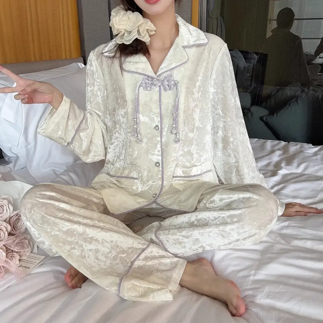 【喜韵】新中式盘扣秋冬金丝绒睡衣女士国风可出门两件套家居服