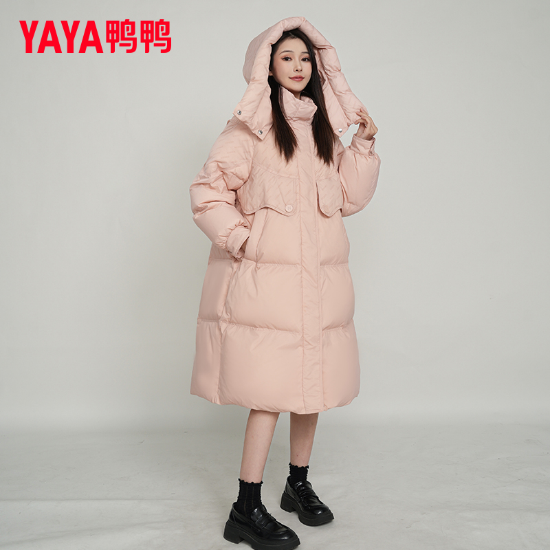 YAYA/鸭鸭甜美休闲女过膝时尚气质鸭绒长款连帽羽绒服YE3B632451D
