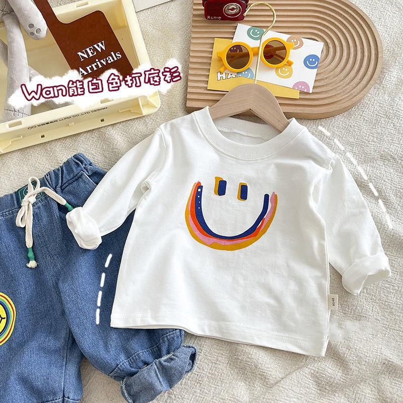 婴儿打底衫春秋新款儿童洋气长袖T恤男童女童圆领时髦白色内搭潮T