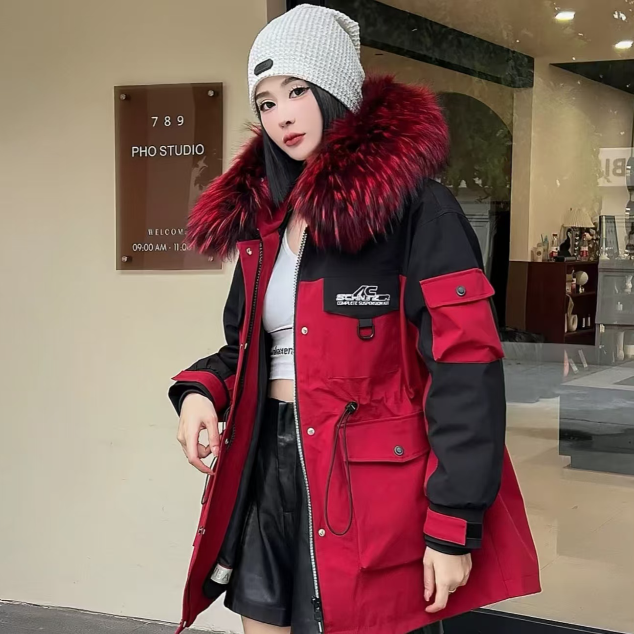 2024新款衣长75长时尚派克服兔毛内胆皮草休闲女士连帽中长款冬季