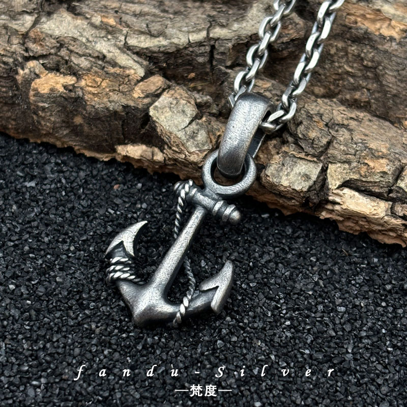 吊坠925银 欧美复古十字架船锚霸气男款潮流做旧朋克重工风格百搭