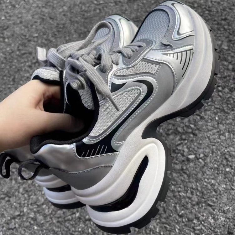 2024时尚百搭秋季新款松糕厚底运动休闲鞋增高百搭ins小个子银色