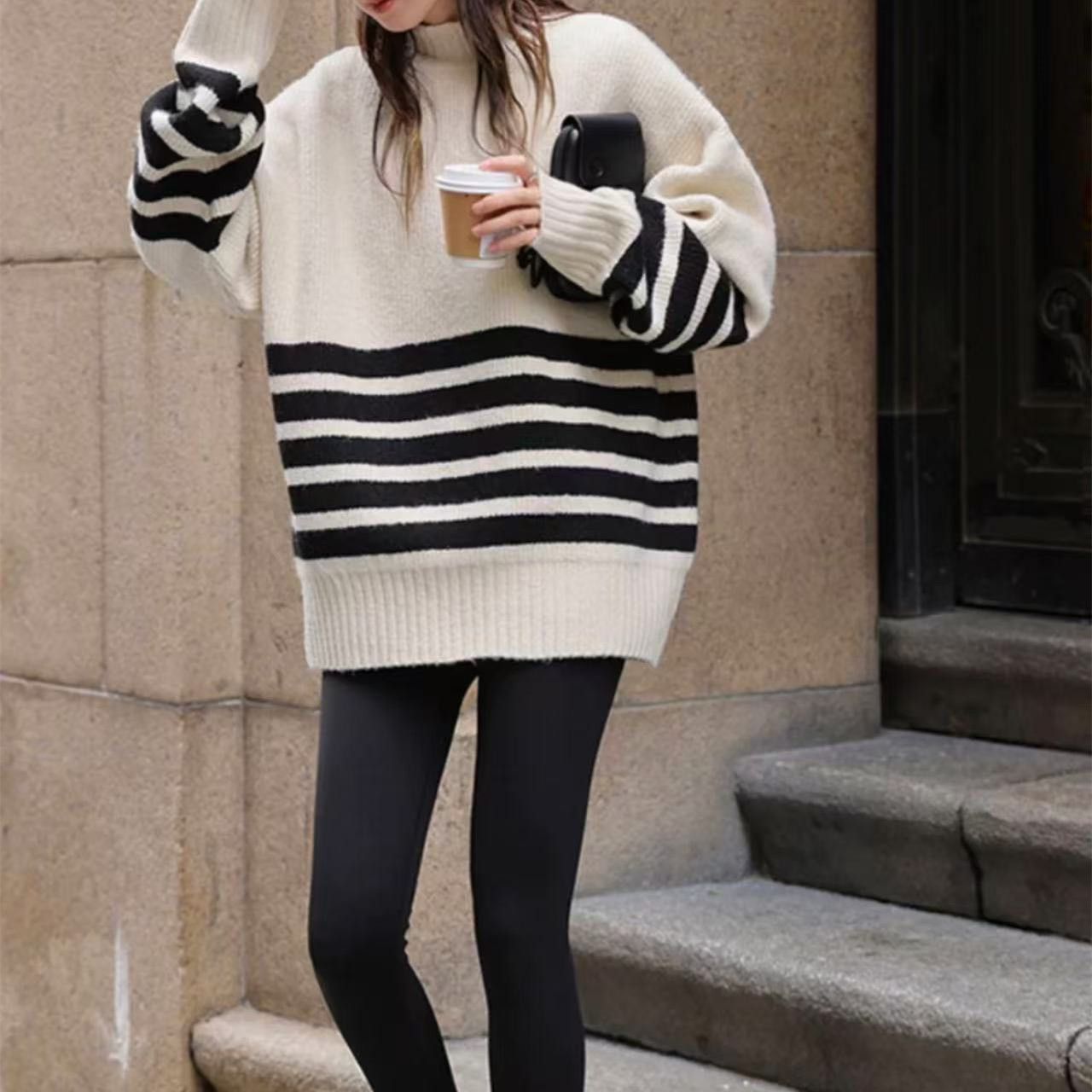 K2158 条纹撞色宽松百搭休闲针织衫毛衣 4MY1781