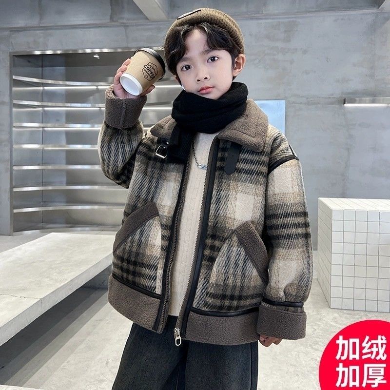 男童冬装羊羔绒外套格子新款冬季加绒加厚中大儿童男孩秋冬款棉服