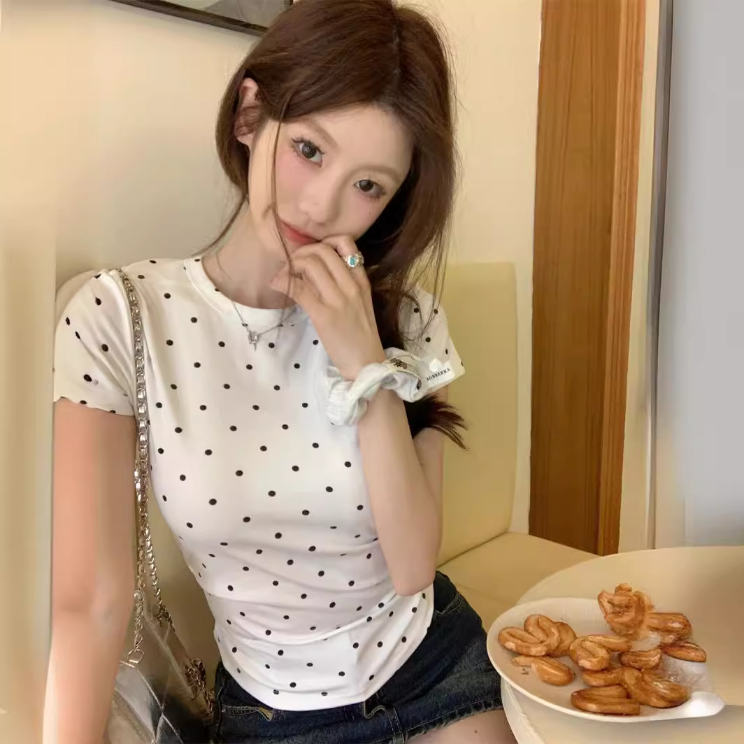 美式2024夏季韩版bm纯欲圆领波点撞色显瘦百搭短袖T恤女装潮上衣