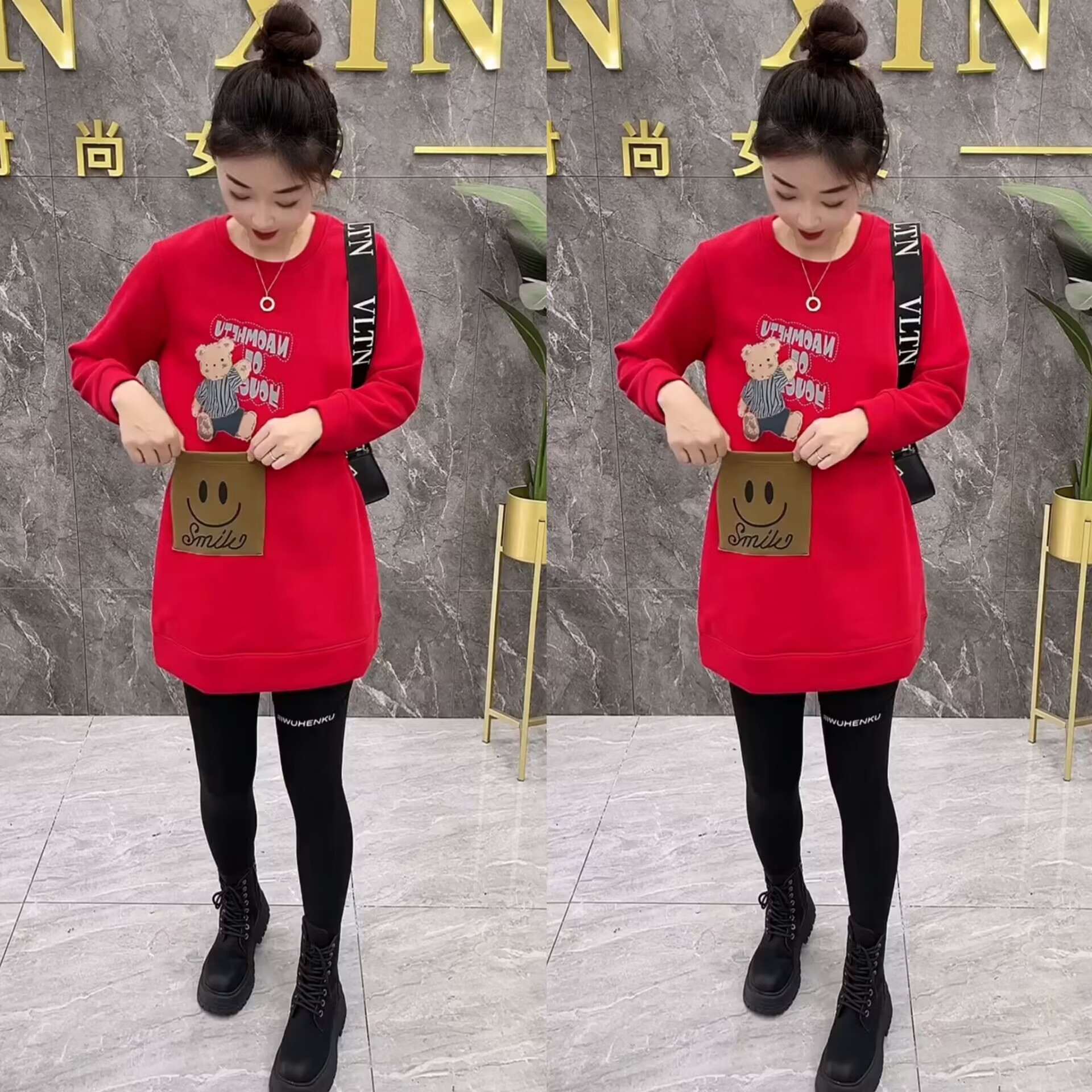 秋冬大码中长款长袖加绒加厚卫衣时尚洋气打底圆领百搭卫衣裙