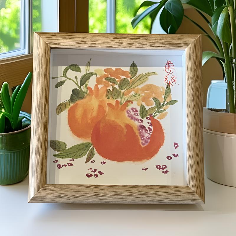 石榴 五寸小摆台15x15cm 装饰 国画作品