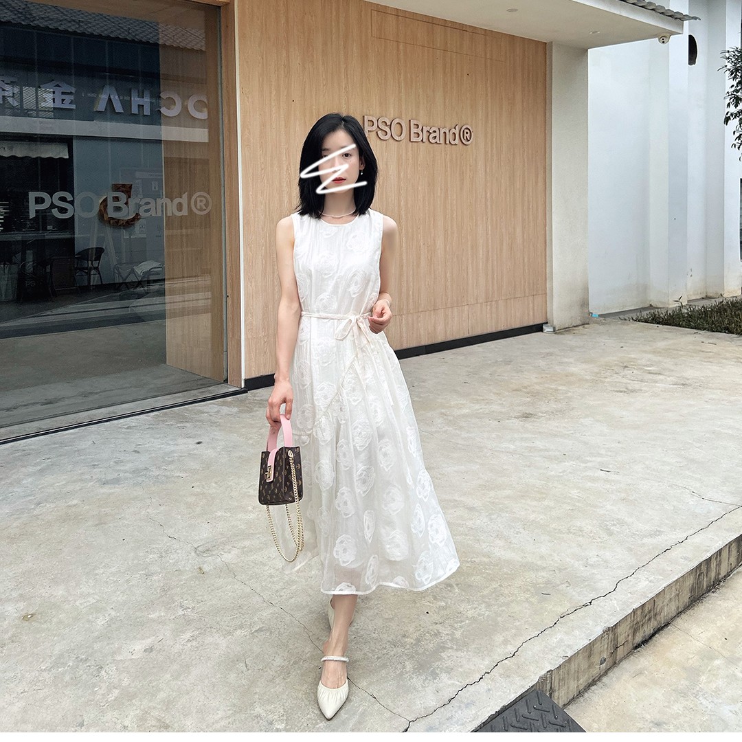 【119】小个子定制女装简约纯色肌理气质无袖中长款显瘦连衣裙