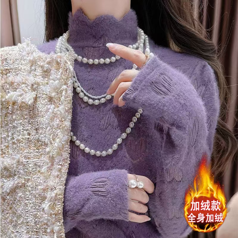 【双11】叠穿百搭加绒加厚长袖蕾丝打底衫内搭显瘦百搭时尚保暖上衣