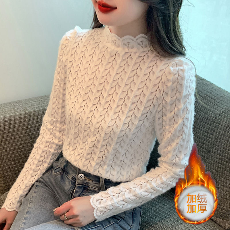 叠穿磨毛蕾丝打底衫女秋冬新款时尚内搭加绒保暖百搭小衫长袖上衣