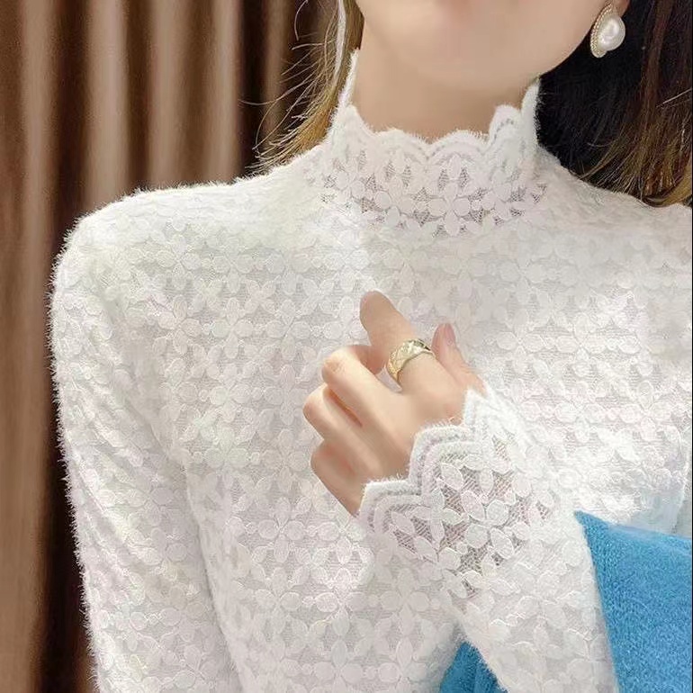 网红内搭叠穿长袖蕾丝打底衫女加绒加厚秋冬新款半高领修身上衣