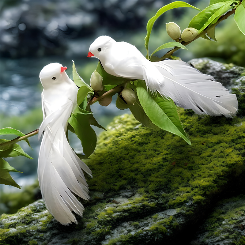 动物红嘴白鸽仿真羽毛小鸟/道具小鸟白色羽毛小鸟白瓷微景观摆件