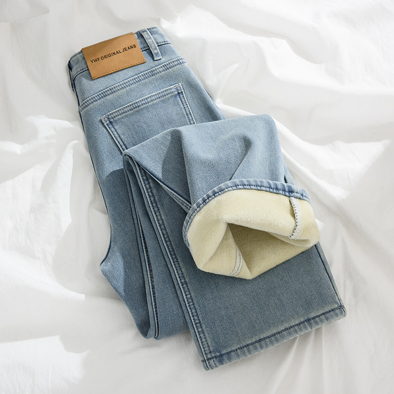 浅色复古加绒阔腿牛仔裤女秋冬季新款高腰弹力显瘦加厚宽松直筒裤