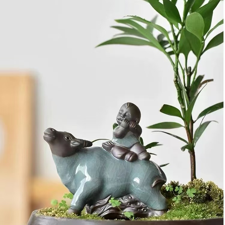 哥窑牧童骑牛小摆件