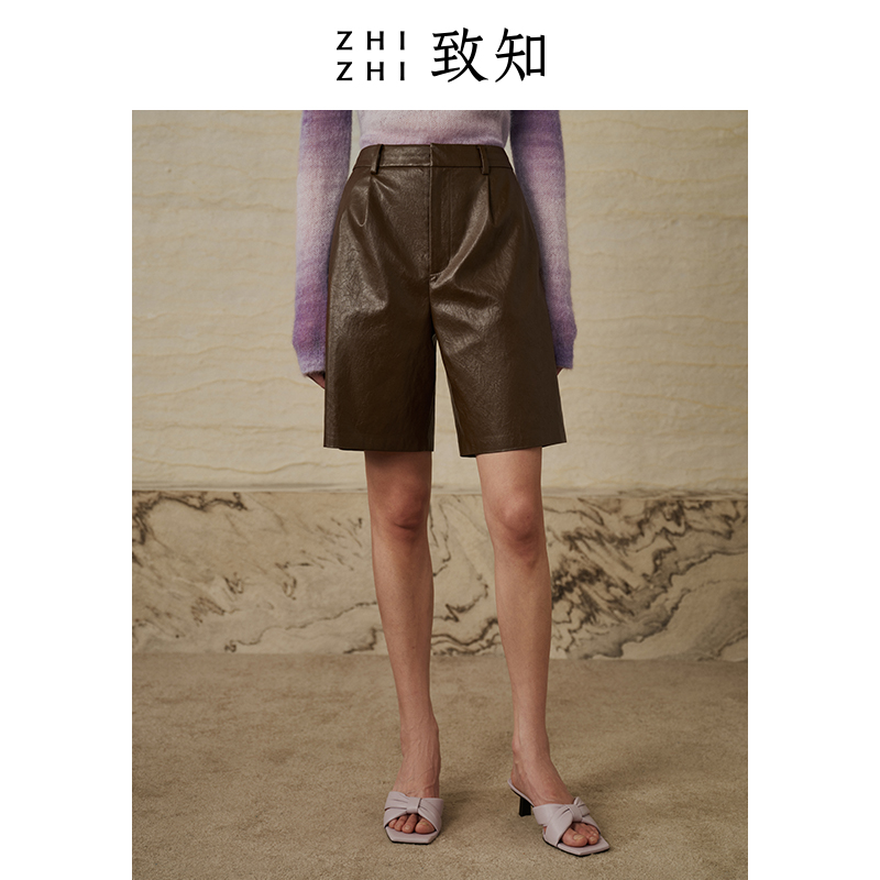 【橱窗】春兴A字皮裤23新款直筒复古短裤设计感时尚百搭ZZ2CAWK9034